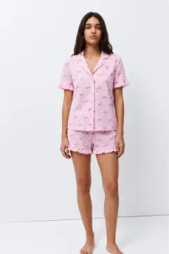 Kadın Desenli Trend Pembe Pijama Takımı
