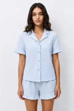 Kadın Desenli Trend Mavi Pijama Takımı