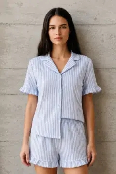 Kadın V Yaka Comfort Fit Mavi Pijama Takımı
