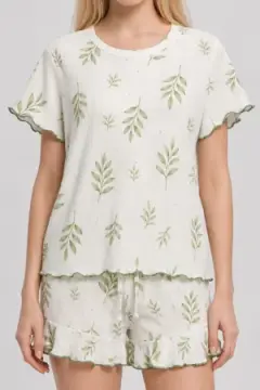 Su Yeşili Yaprak Desenli Pijama Takımı 4650