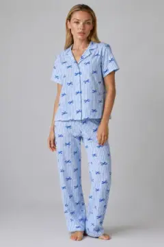 Mavi Kurdele Desenli Çizgili Bürümcük Pijama Takımı 4645