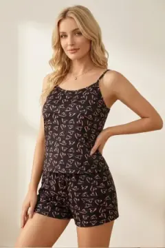 Pembe Kalp Desenli İp Askılı Şortlu Pijama Takımı 4614