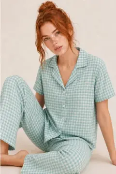 Kare Desenli Bürümçük kumaş Kısa Kollu Pijama Takımı 6065 Su Yeşili
