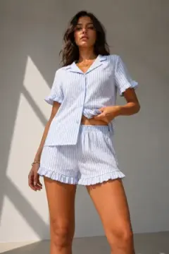 Kadın Süprem Gömlek Şort Düğme Mavi Pijama Takımı