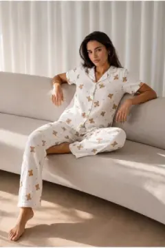 Kadın Loose Uzun Paça Pamuk Kırık Beyaz Pijama Takımı