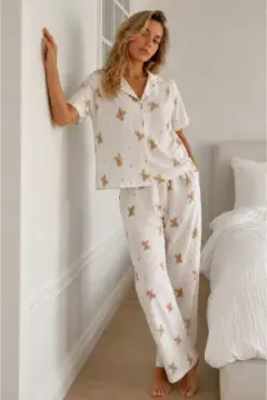 Kadın Loose Kalıp Pamuklu Kırık Beyaz Pijama Takımı
