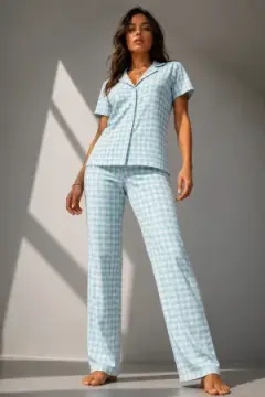 Kadın Klasik Doğal Düğme Gece Su Yeşili Pijama Takımı