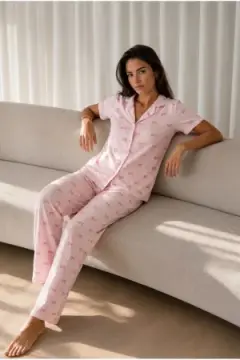 Kadın Loose Uzun Paça Pamuk Pembe Pijama Takımı