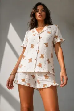Kadın Süprem Gömlek Şort Düğme Kar Beyaz Pijama Takımı