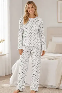 Kadın Kalpli Uzun Kol Rahat Pijama Takımı 4673 Beyaz