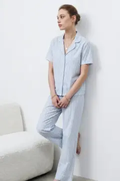 V Yaka Kapama Lastik Bel Mavi Pijama Takımı