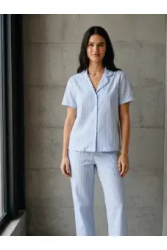 V Yaka Düğmeli Casual Mavi Pijama Takımı