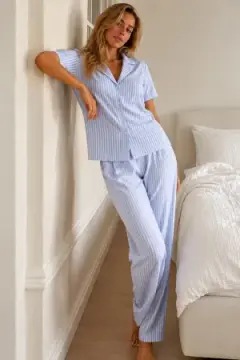 Kadın Loose Kalıp Pamuklu Mavi Pijama Takımı