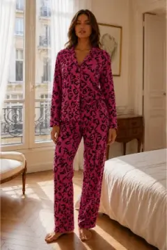 Kadın Relax Fit Düğme Lila Pijama Takımı