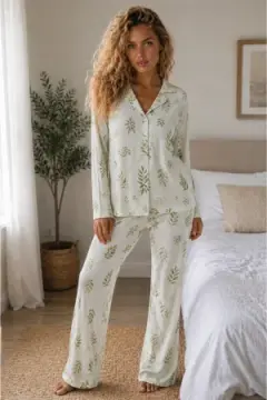 Kadın Örme Gömlek Yaka Çağla Yeşili Pijama Takımı