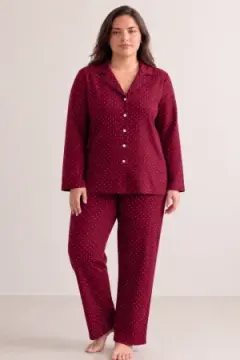 Kadın Rahat Puantiyeli Düğmeli Kırmızı Pijama Takımı 824