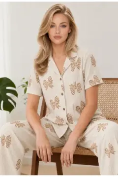 Kadın Kısa Kol Desenli Ekru Pijama Takımı 4739