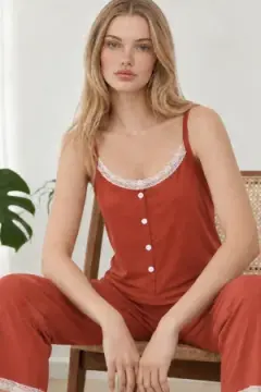 Kadın Dantelli V Yaka Kırmızı Pijama Takımı 4744