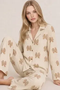 Kadın Uzun Kol Rahat Krem Pijama Takımı 4759