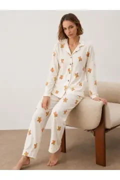 Kadın Gömlek Yakalı Uzun Kollu Beyaz Pijama Seti
