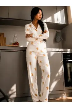 Kadın Düğmeli Gömlek Yaka Ev Giyimi Beyaz Pijama Takımı