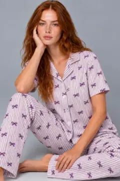 Kadın Çizgili Fiyonk Desenli Mor Kısa Kollu Pijama Takımı 4811