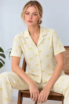 Kadın Gömlek Yaka Desenli İkili Sarı Pijama Takımı 4795
