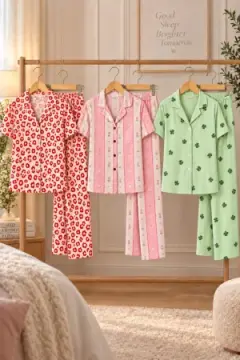 3 Adet Kadın Kısa Kol Comfort Pijama Takımı Yeşil