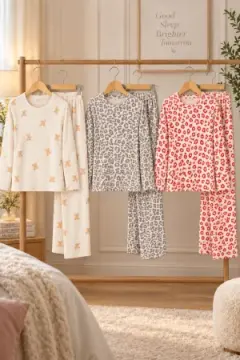 3 Lü Kadın Comfort Esnek Pijama Takımı Kırmızı
