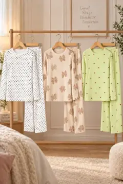 3'Lü Kadın Desenli Uzun Kollu Pijama Takımı Yeşil