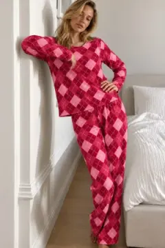 Kadın Çizgili Comfort Fit Kırmızı Pijama Takımı