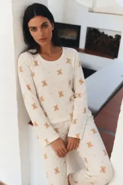 Kadın Şık Esnek Ekru Pijama Takımı