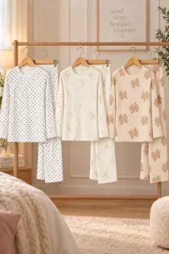 3'Lü Kadın Desenli Uzun Kollu Pijama Takımı Ekru