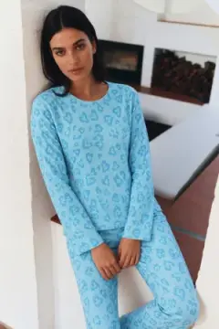 Kadın Desenli Uzun Kollu Rahat M.Yeşili Pijama Takımı Mint Yeşili