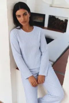 Kadın Çizgili Regular Şık Mavi Pijama Takımı
