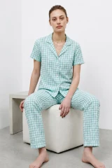 V Yaka Kapama Lastik Bel Su Yeşili Pijama Takımı