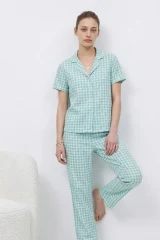 V Yaka Kapama Lastik Bel Su Yeşili Pijama Takımı