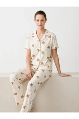 Regular V Yaka Günlük Kırık Beyaz Pijama Takımı