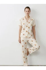 Regular V Yaka Günlük Kırık Beyaz Pijama Takımı