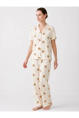 Regular V Yaka Günlük Kırık Beyaz Pijama Takımı