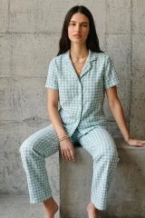 V Yaka Düğmeli Casual Su Yeşili Pijama Takımı