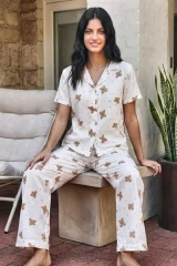 Viskon Karışım Homewear Kırık Beyaz Pijama Takımı