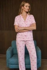 Bol Kesim V Yaka Örme Pembe Pijama Takımı