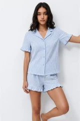 Kadın Desenli Trend Mavi Pijama Takımı