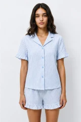 Kadın Desenli Trend Mavi Pijama Takımı