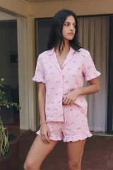 Kadın Esnek Şortlu Bol Pembe Pijama Takımı