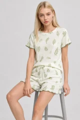 Su Yeşili Yaprak Desenli Pijama Takımı 4650-Yeşil
