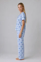 Mavi Kurdele Desenli Çizgili Bürümcük Pijama Takımı 4645-Mavi