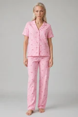 Ekose Fiyonk Desenli Kısa Kollu Pijama Takımı Kadın Düğmeli Uzun Alt Pembe Pijama Takımı 4633