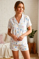 Renkli Kalp Desenli Düğmeli Şortlu Pijama Takımı 4610 -Kırık Beyaz